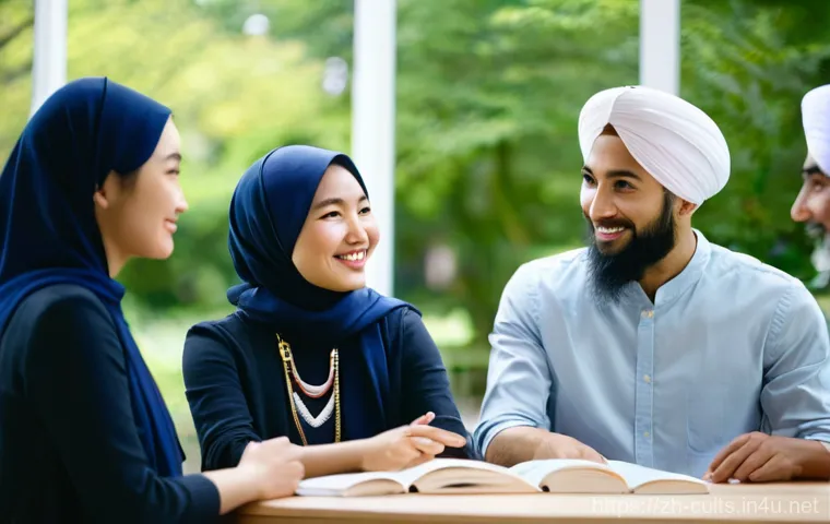 종교 전쟁의 현대적 사례 - **Prompt Title: "Harmony in Dialogue"**
    **Description:** A group of five diverse individuals, ag...