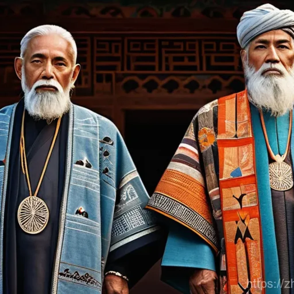 종교 전쟁의 역사적 사례 - **Prompt:** A serene yet tense historical scene depicting two distinct ancient communities, each rep...