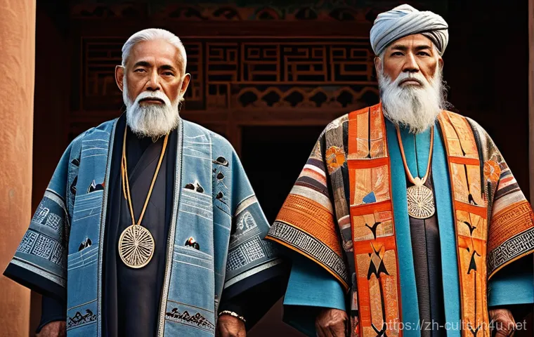 종교 전쟁의 역사적 사례 - **Prompt:** A serene yet tense historical scene depicting two distinct ancient communities, each rep...