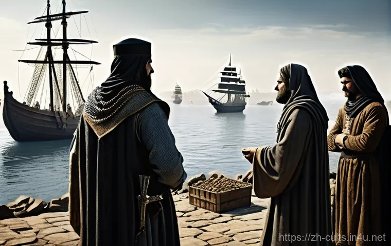 종교 전쟁의 역사적 사례 - **Prompt:** A serene yet tense historical scene depicting two distinct ancient communities, each rep...