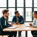 신천지 내부에서의 생활 - **Prompt:** A brightly lit, modern community center hall with large windows. A diverse group of youn...
