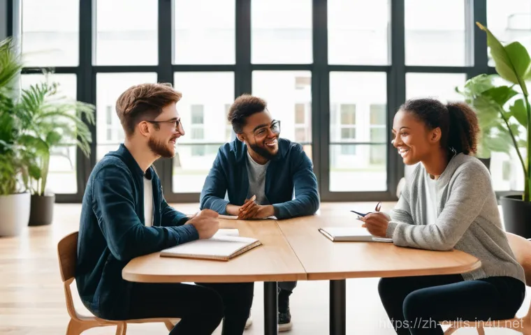 신천지 내부에서의 생활 - **Prompt:** A brightly lit, modern community center hall with large windows. A diverse group of youn...