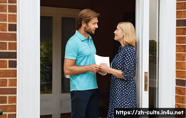 여호와의 증인 전도의 윤리적 논쟁 - **Prompt 1: Respectful Encounter at the Door**
    A realistic photograph of two individuals, a neat...