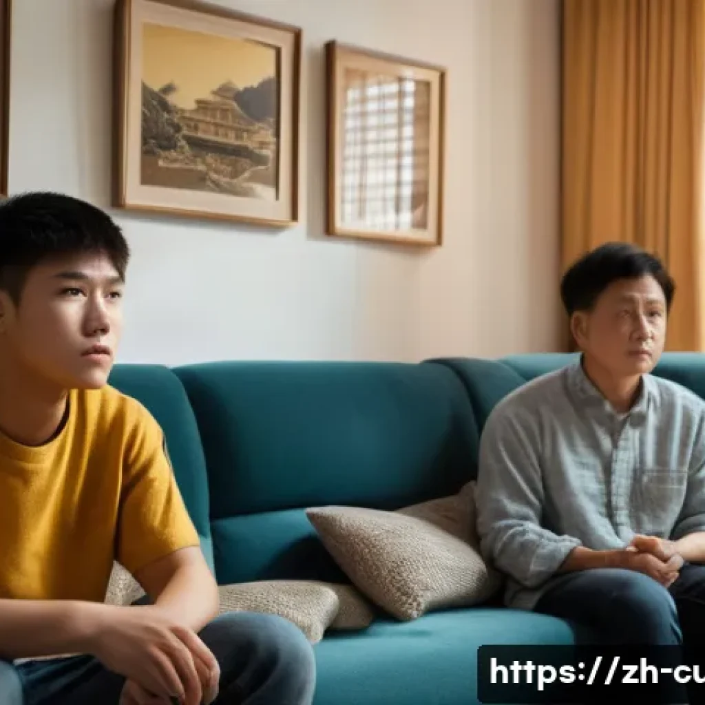 사이비 종교와 가정의 파탄 - A family scene showing subtle behavioral changes: a teenage boy sitting quietly on a sofa, wearing c...