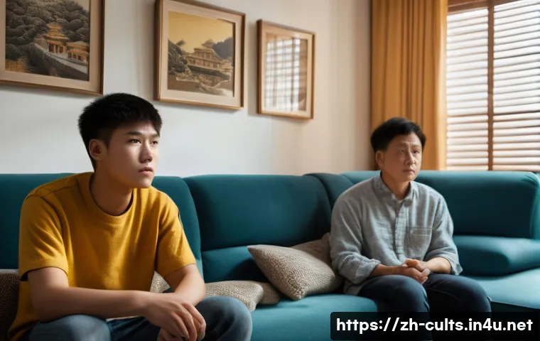 사이비 종교와 가정의 파탄 - A family scene showing subtle behavioral changes: a teenage boy sitting quietly on a sofa, wearing c...