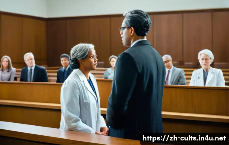 여호와의 증인과 법적 이슈 - A detailed courtroom scene depicting a legal dispute involving Jehovah&rsquo;s Witnesses and medical ethic...