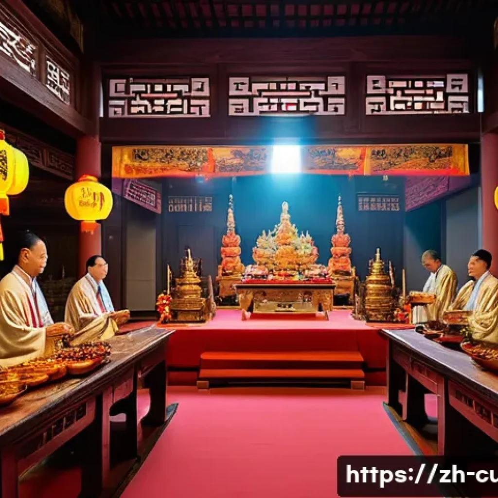 대순진리회의 종교 구조 - A solemn religious ceremony inside a 大顺真理会 temple during a major festival, featuring a diverse group...