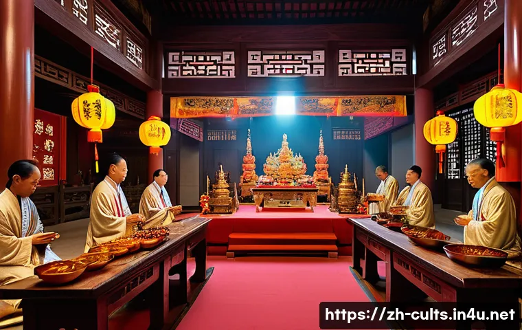 대순진리회의 종교 구조 - A solemn religious ceremony inside a 大顺真理会 temple during a major festival, featuring a diverse group...