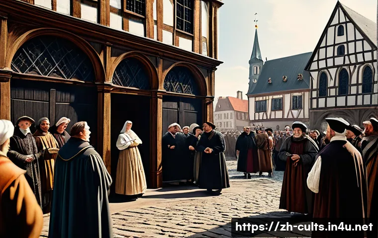 이단과 종교 개혁 - A detailed historical scene depicting a 16th-century European town square during the Protestant Refo...
