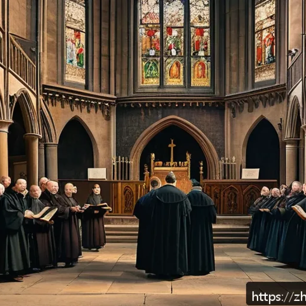 개신교의 주요 종파 - A detailed scene of a 16th-century European church interior during the Protestant Reformation, showi...