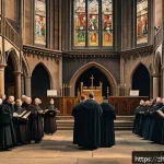 개신교의 주요 종파 - A detailed scene of a 16th-century European church interior during the Protestant Reformation, showi...