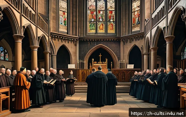 개신교의 주요 종파 - A detailed scene of a 16th-century European church interior during the Protestant Reformation, showi...
