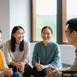 신천지 신도들의 심리적 상태 - A diverse group of people in a serene, modern community center, engaged in a warm, supportive group ...