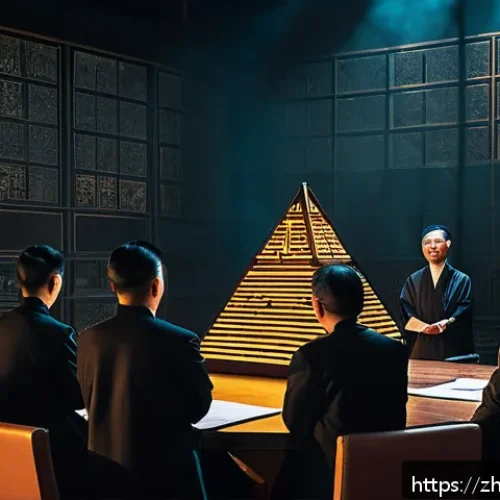 사이비 종교와 법적 대응 - A detailed scene illustrating a secretive cult meeting in a dimly lit room, showing a hierarchical p...