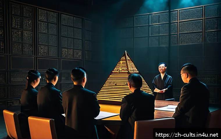 사이비 종교와 법적 대응 - A detailed scene illustrating a secretive cult meeting in a dimly lit room, showing a hierarchical p...