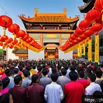 종교와 정치의 연결점 - A vibrant scene of a large multicultural religious festival in a modern Chinese city, with diverse g...