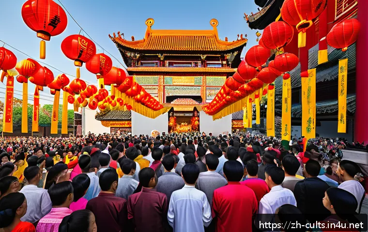 종교와 정치의 연결점 - A vibrant scene of a large multicultural religious festival in a modern Chinese city, with diverse g...