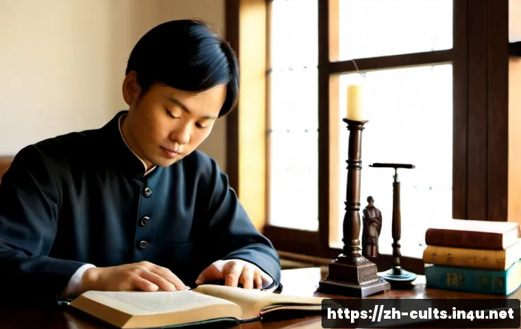 이단과 정통 종교 구별 방법 - Photorealistic close-up of a thoughtful adult seated at a clean wooden desk, carefully comparing sev...