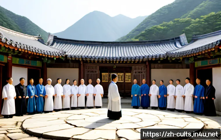대순진리회의 민족주의적 성격 - Photorealistic documentary-style scene of a Korean religious community gathering in a serene traditi...