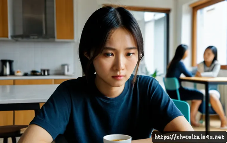 사이비 종교의 현대적 문제점 - Photorealistic documentary-style scene of a worried young adult sitting alone at a kitchen table, st...